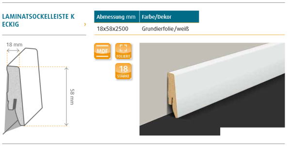 Eckige Sockelleiste 16 x 58 x 2500mm